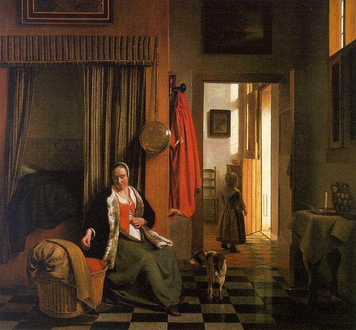 Pieter de Hooch Mother Lacing her Bodice Beside a Cradle oil painting picture